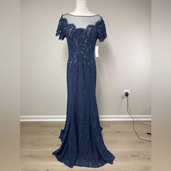 NWT Rene Ruiz Illusion Lace Floral Gown Navy Blue Size 6 - Picture 3 of 16